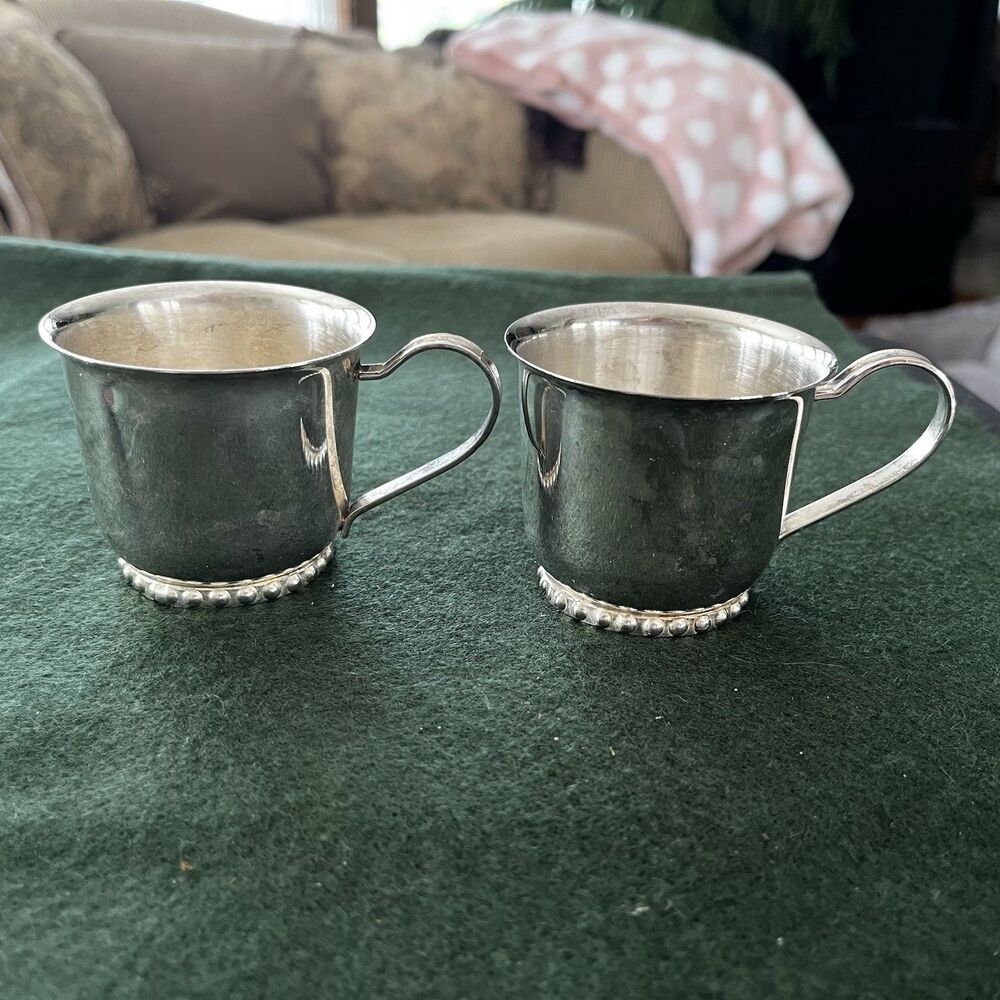 Vintage Set of 2 Leonard Silver Plate Baby Cups Beaded Band Hong Kong